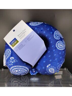 Open Story Memory Foam Travel Pillow Blue Paisley Design